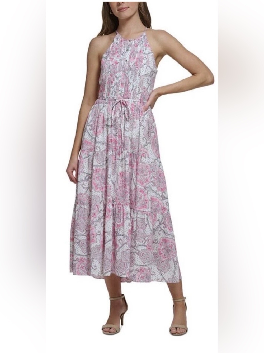 Tommy Hilfiger Pink and White Paisley Midi Dress (0197)